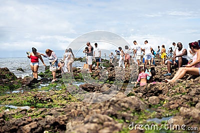 People of diverse ages and genders sitting on a rocky beach Editorial Stock Photo