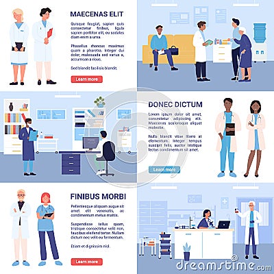 People doctor and nurse work in hospital departments set Vector Illustration