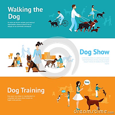 People With Dogs Banner Set Vector Illustration