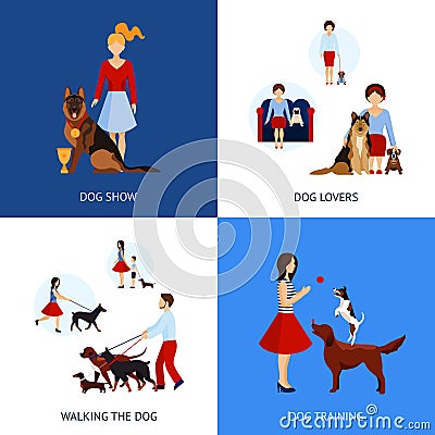 People With Dogs Set Vector Illustration
