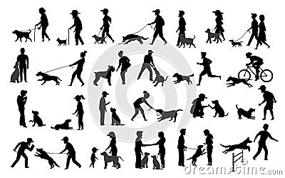 People with dogs silhouettes graphic set.man woman training their pets basic obedience commands like sit lay give paw walk close, Vector Illustration