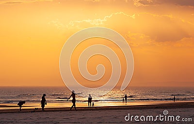 People and dogs silhouettes on ocean beach. Editorial Stock Photo