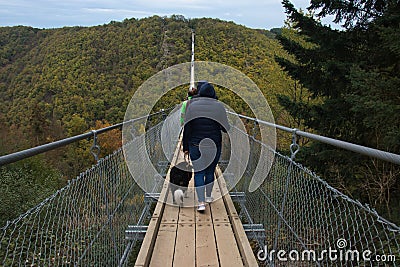 People and dogs walk on the Geierlay Suspension Bridge Editorial Stock Photo