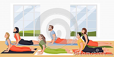 People doing cobra pose bhujangasana. Women and men practicing yoga and meditation. Vector characters illustration Vector Illustration
