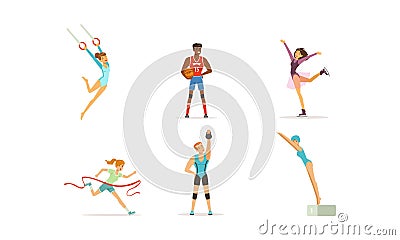 People Doing Different Kind of Sports Set, Male and Female Professional Athletes Characters Running, Figure Skating Vector Illustration