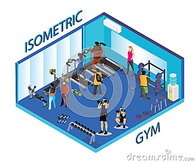 People doing exercise in gym, Isometric Artwork Stock Photo