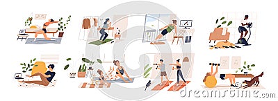 People doing exercises with dumbbell, squat, practice yoga, cycling. Men, women, families and couples doing sports at Vector Illustration