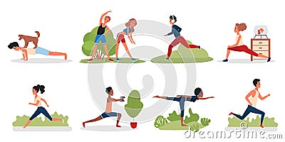 People doing sport yoga exercises in park, gym or at home set Cartoon Illustration