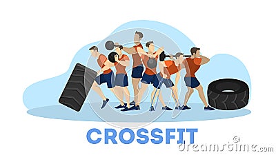 People doing workout web banner. Fitness and bodybuilding Vector Illustration