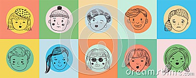 People doodle face avatar. Drawn faces, human emotional woman man portraits. Modern vector banners Vector Illustration
