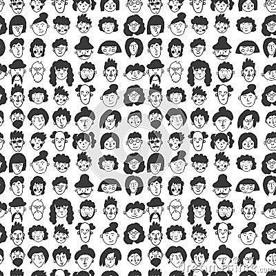 people doodle seamless pattern. Cartoon characters of different gender and age Vector Illustration