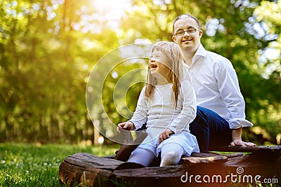 People with down syndrome happy outdoors Stock Photo