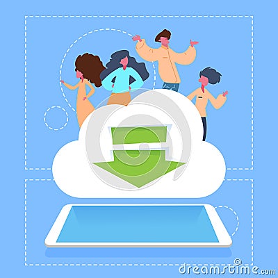 People on download cloud storage network tablet man woman together cartoon character diversity poses blue background Vector Illustration