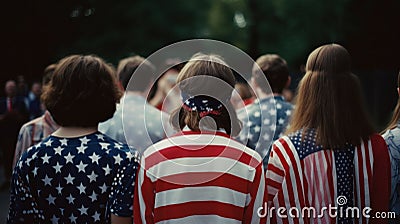 People dressed in American flag clothes stand with their backs Stock Photo
