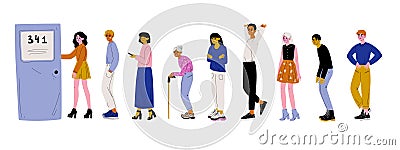 People Dressed in Casual Clothes Standing in Line or Queue near Door Vector Illustration Vector Illustration