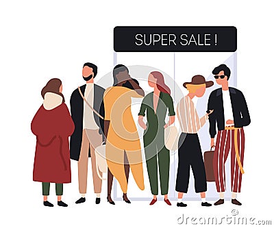 People dressed in fashionable clothes standing in line or queue near store entrance doors. Men and women in trendy Vector Illustration