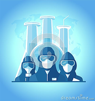 People dressed in protective suits and masks, test tubes on a backdrop Vector Illustration