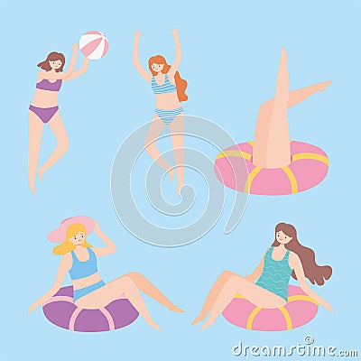 People dressed in swimwear in swimming pool, summer water activities Vector Illustration