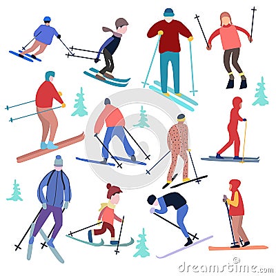 People dressed in winter clothing and skiing Vector Illustration