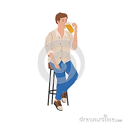 People drink beer. Alcohol beverage. Man sitting on stool in pub. Cartoon characters with ale pint. Lager bottle. Friday Vector Illustration