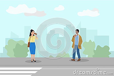 People drink. Cartoon characters with bottles drinking alcohol or carbonated beverages. Persons walking with coffee cups Vector Illustration