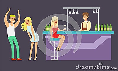 People Drinking at the Bar and Dancing in Nightclub, Bartender Serving Visitors Vector Illustration Vector Illustration
