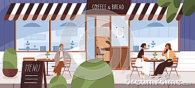 People drinking coffee on cafe terrace in summer. City bakery building with street tables and chairs. Women resting Vector Illustration