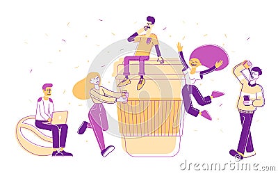 People Drinking Coffee or Hot Drink in Disposable Cardboard Takeaway Cup. Male and Female Characters Morning Vector Illustration