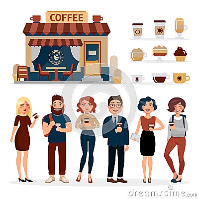 People drinking coffee outdoors isolated on white background. Coffee shop infographic elements with young people and Vector Illustration