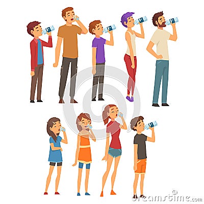 People Drinking Water from Plastic Bottles and Glasses Set, Men, Women and Children Enjoying Drinking of Fresh Clean Vector Illustration