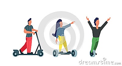 People drive electric transport modern urban vector illustration eco city. Active vehicle technology with people ride bike concept Vector Illustration