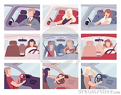 People Driving Cars Set, View from the Inside, Female and Male Drivers Characters Holding Hands on a Steering Wheel Vector Illustration