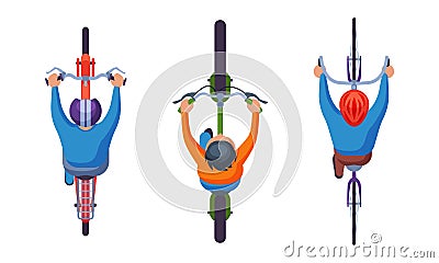 People Driving Riding Bicycle Holding Handlebar Above View Vector Set Vector Illustration