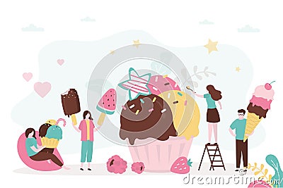 People eat different summer frozen desserts. Group of young adults enjoy ice creams. Happy woman eating popsicle. Handsome man Vector Illustration