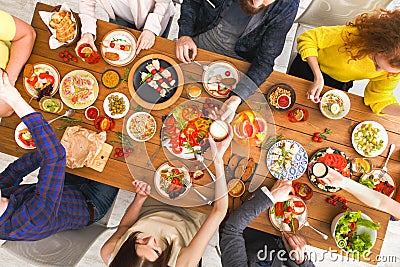 People eat healthy meals at served table dinner party Stock Photo