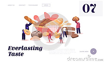 People Eating and Cooking Bakery Website Landing Page. Tiny Characters Presenting Homemade Bread Vector Illustration