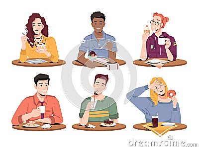 People eating desserts, ice-cream and fresh bakery Vector Illustration