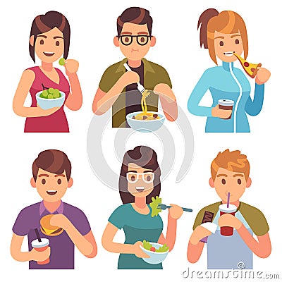 People eating. Eat drinking food men women healthy tasty dishes meals cafe casual lunch hungry friends Vector Illustration