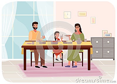 People are eating indian food at home. Family members mother, father and daughter sitting at table Vector Illustration