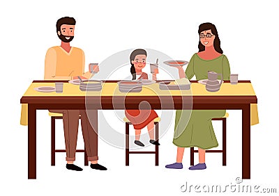 People are eating indian food at home. Family in national costumes isolated on white background Vector Illustration