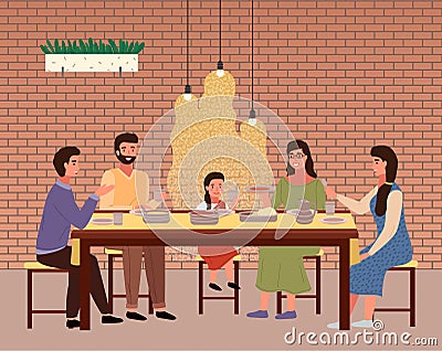 People are eating indian food in the restaurant. Family in national costumes having dinner together Vector Illustration