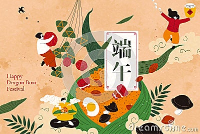 People eating rice dumpling scener Vector Illustration