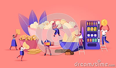 People Eating Snacks Concept. Tiny Male and Female Characters Enjoying Different Dry Appetizers Pop Corn Vector Illustration