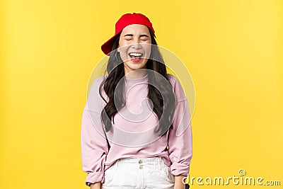 People emotions, lifestyle leisure and beauty concept. Happy carefree attractive asian woman having fun, enjoying summer Stock Photo