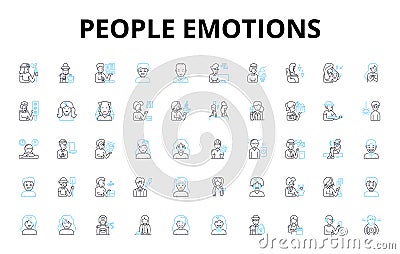 People emotions linear icons set. Happiness, Sadness, Anger, Love, Hate, Joy, Fear vector symbols and line concept signs Vector Illustration