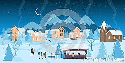 People enjoy Christmas market in winter village landscape at night, houses with lights Vector Illustration