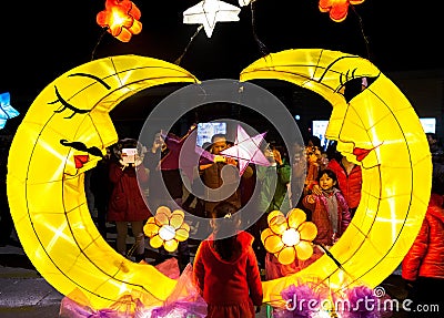 People enjoy homemade lanterns to celebrate Lantern Festival Editorial Stock Photo