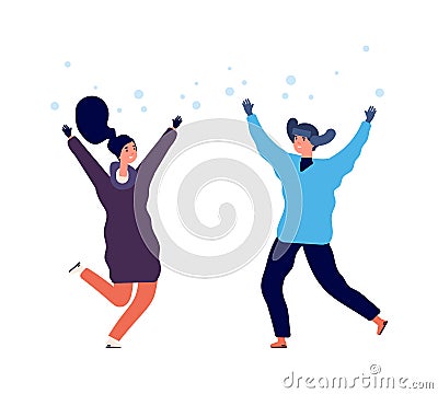 People enjoy snow. Man woman jumping snowfall, flat happy winter characters. Season activity in cold weather vector Vector Illustration