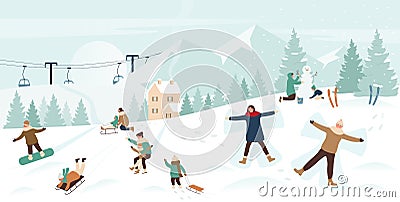People enjoy winter sports on snow xmas mountain landscape Vector Illustration