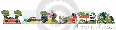 People enjoying auto camping and road trip, Happy couples traveling by car, camper trailer, cabriolet, bicycle, vector. Vector Illustration